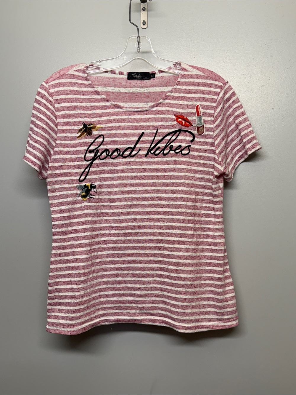 Camila Coelho Linen Blend Embroidered Pink & White Striped "Good Vibes" Top